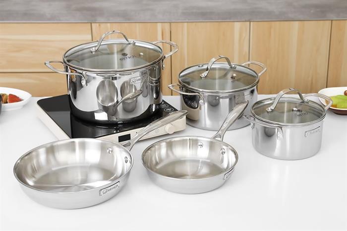 Bộ 5 nồi chảo inox 3 lớp nguyên khối nắp kính Elmich EL2486IN01 Màu Inox