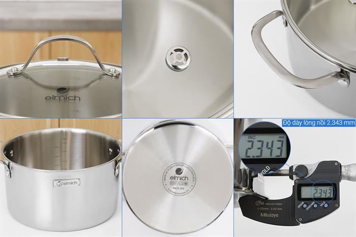 Bộ 5 nồi chảo inox 3 lớp nguyên khối nắp kính Elmich EL2486IN01 Màu Inox