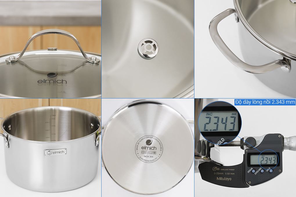 Bộ 5 nồi chảo inox 3 lớp nguyên khối nắp kính Elmich EL2486IN01 Màu Inox