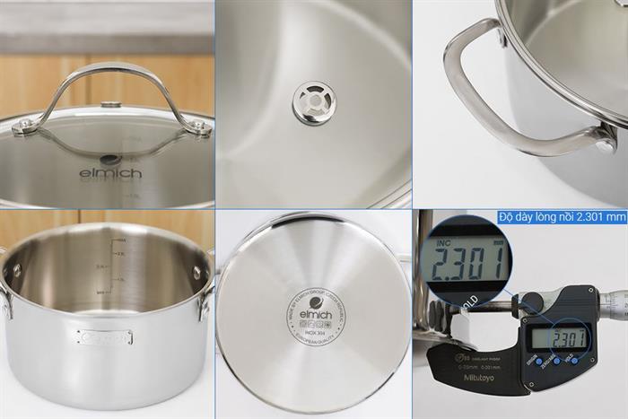 Bộ 5 nồi chảo inox 3 lớp nguyên khối nắp kính Elmich EL2486IN01 Màu Inox