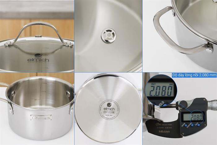Bộ 5 nồi chảo inox 3 lớp nguyên khối nắp kính Elmich EL2486IN01 Màu Inox