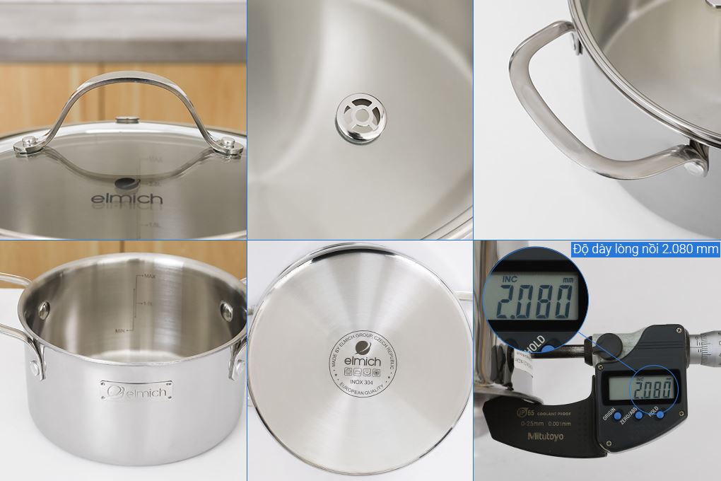 Bộ 5 nồi chảo inox 3 lớp nguyên khối nắp kính Elmich EL2486IN01 Màu Inox