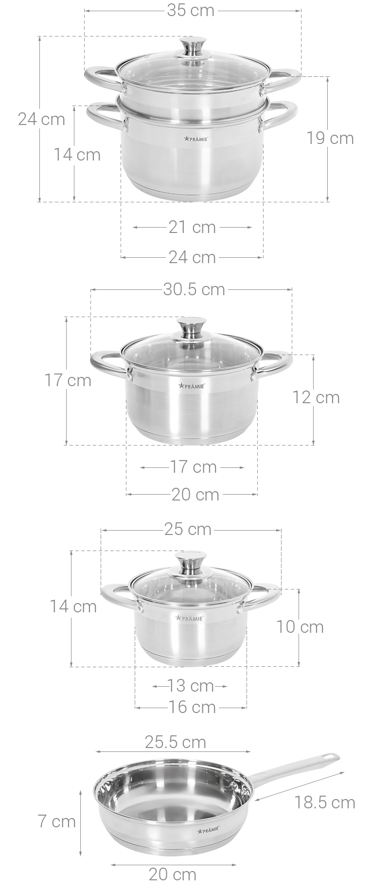 Bộ 4 nồi chảo inox 5 đáy nắp kính Pramie PC318501