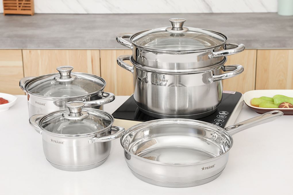 Bộ 4 nồi chảo inox 5 đáy nắp kính Pramie PC318501 Màu Inox