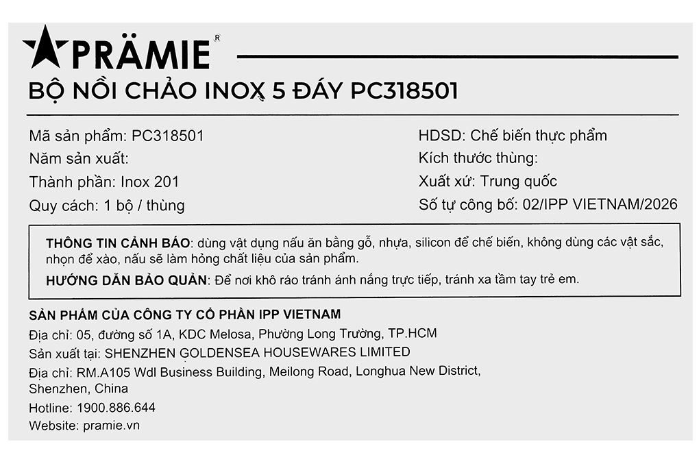 Bộ 4 nồi chảo inox 5 đáy nắp kính Pramie PC318501 Màu Inox