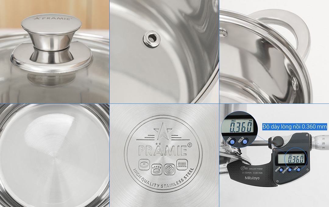 Bộ 4 nồi chảo inox 5 đáy nắp kính Pramie PC318501 Màu Inox