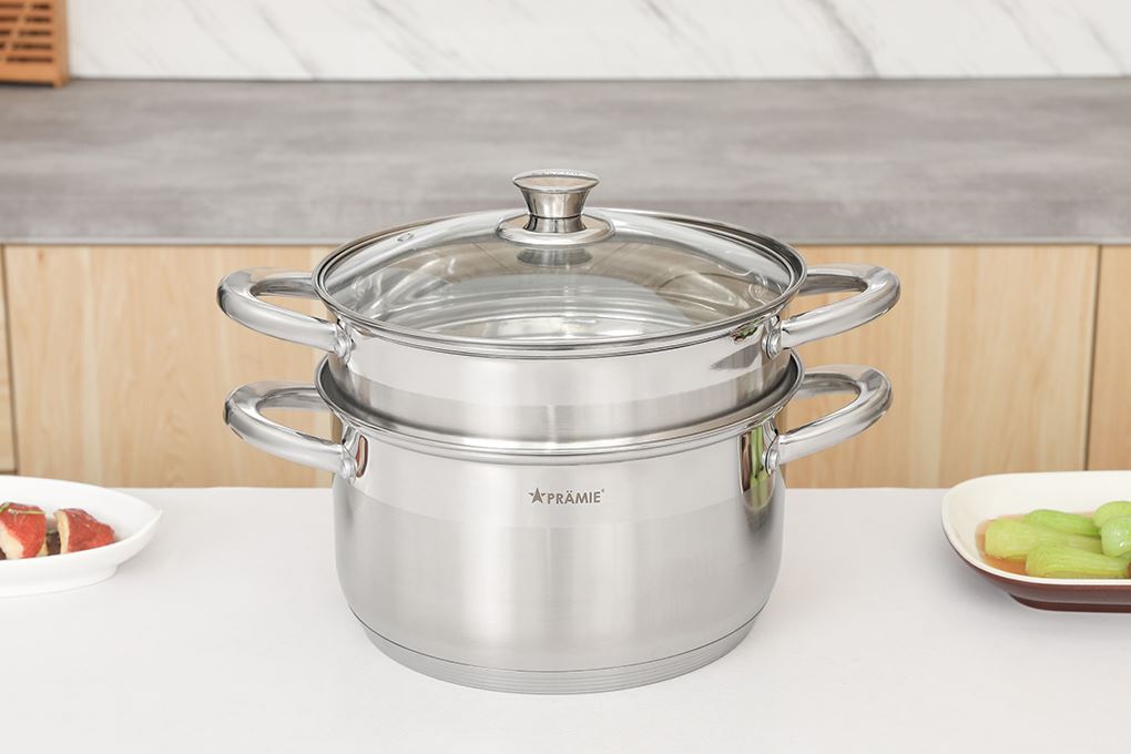Bộ 4 nồi chảo inox 5 đáy nắp kính Pramie PC318501 Màu Inox