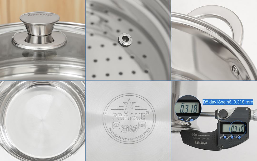 Bộ 4 nồi chảo inox 5 đáy nắp kính Pramie PC318501 Màu Inox