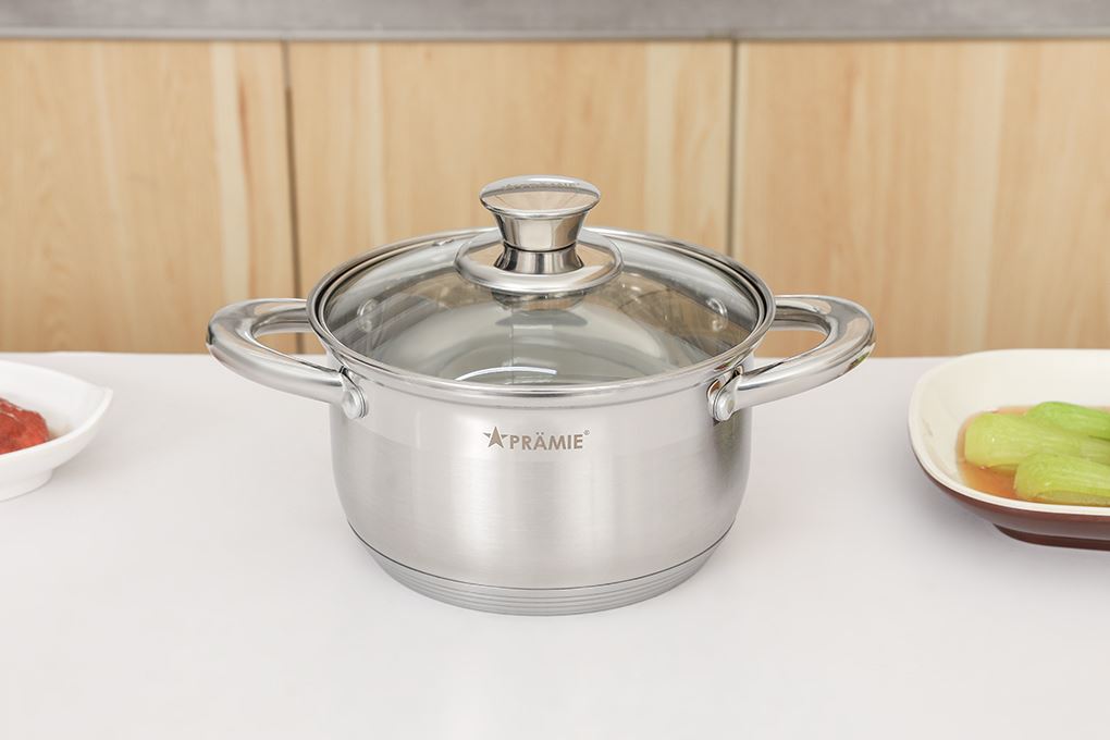 Bộ 4 nồi chảo inox 5 đáy nắp kính Pramie PC318501 Màu Inox