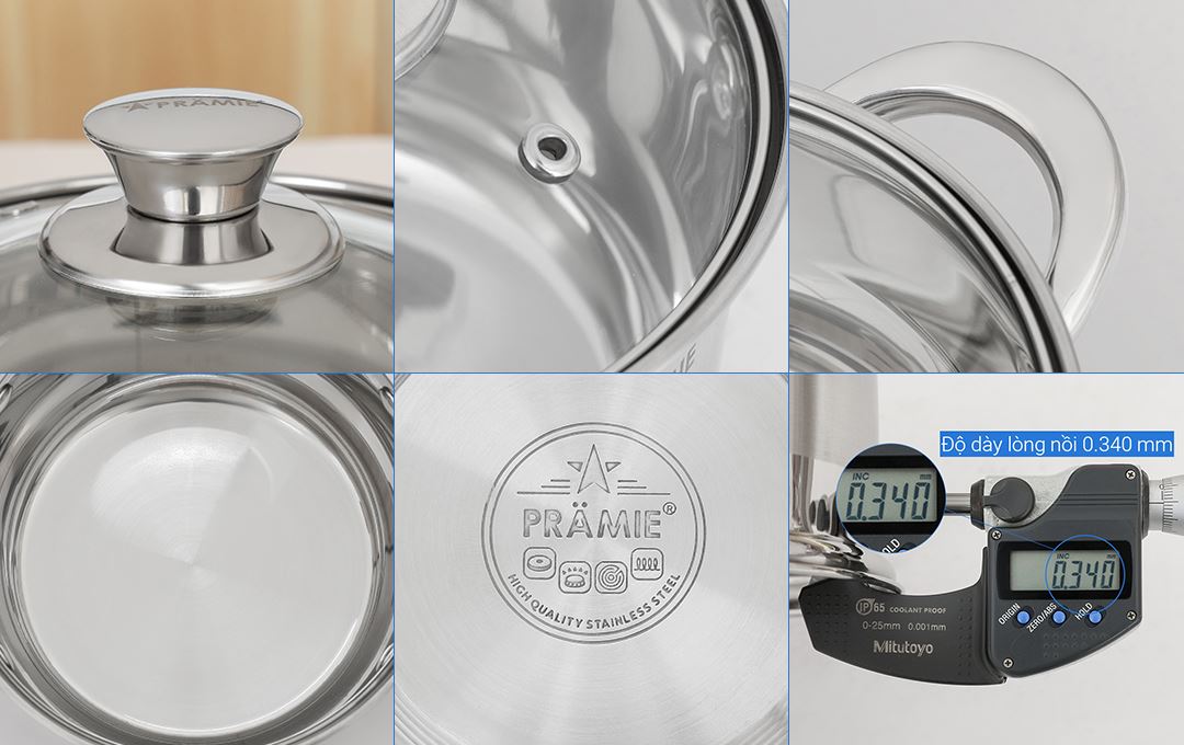 Bộ 4 nồi chảo inox 5 đáy nắp kính Pramie PC318501 Màu Inox