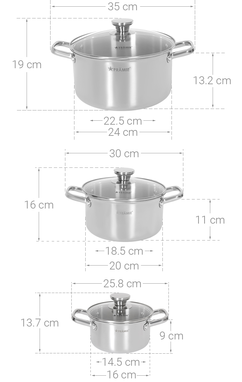 Bộ 3 nồi inox 3 lớp nguyên khối nắp kính Pramie PC36505