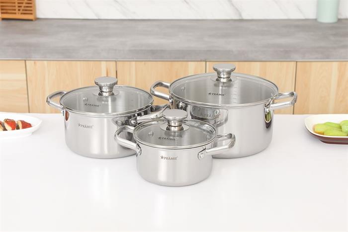 Bộ 3 nồi inox 3 lớp nguyên khối nắp kính Pramie PC36505 Màu Inox