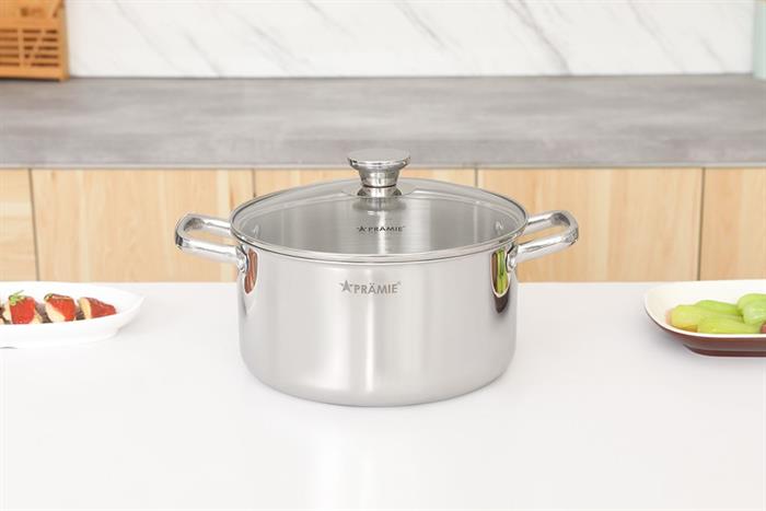 Bộ 3 nồi inox 3 lớp nguyên khối nắp kính Pramie PC36505 Màu Inox