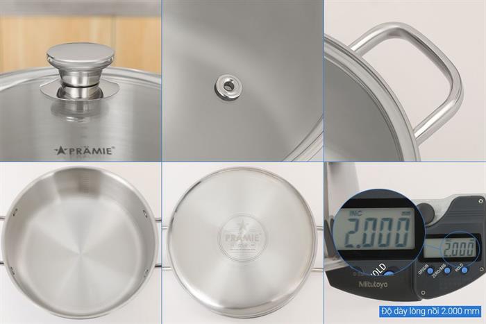 Bộ 3 nồi inox 3 lớp nguyên khối nắp kính Pramie PC36505 Màu Inox