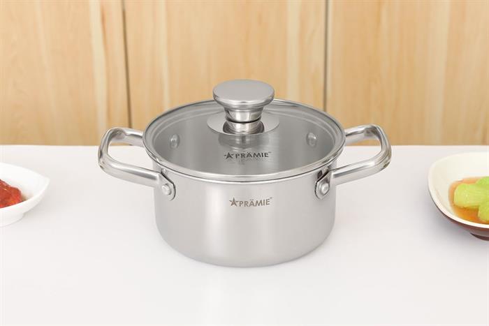 Bộ 3 nồi inox 3 lớp nguyên khối nắp kính Pramie PC36505 Màu Inox