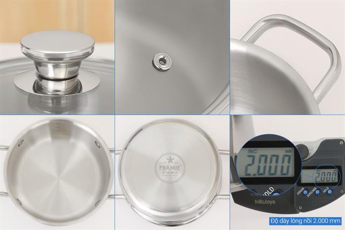 Bộ 3 nồi inox 3 lớp nguyên khối nắp kính Pramie PC36505 Màu Inox