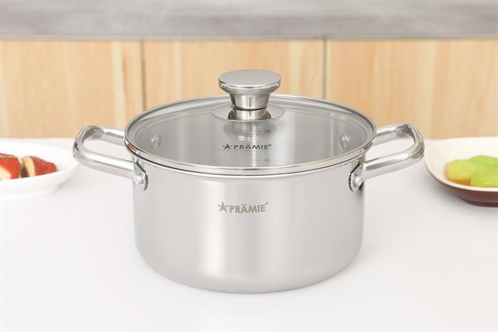 Bộ 3 nồi inox 3 lớp nguyên khối nắp kính Pramie PC36505 Màu Inox