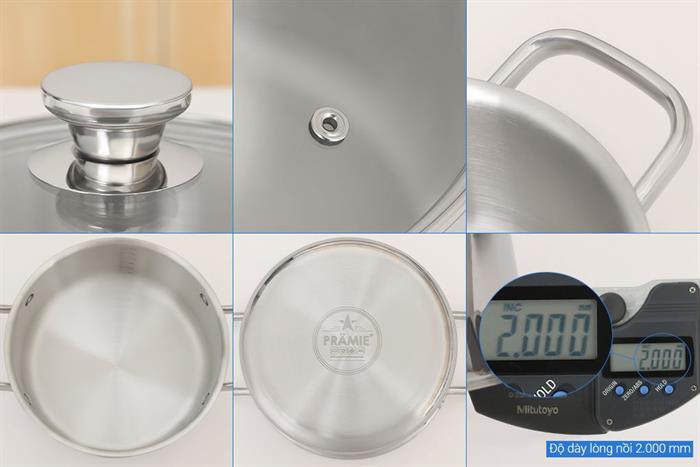 Bộ 3 nồi inox 3 lớp nguyên khối nắp kính Pramie PC36505 Màu Inox