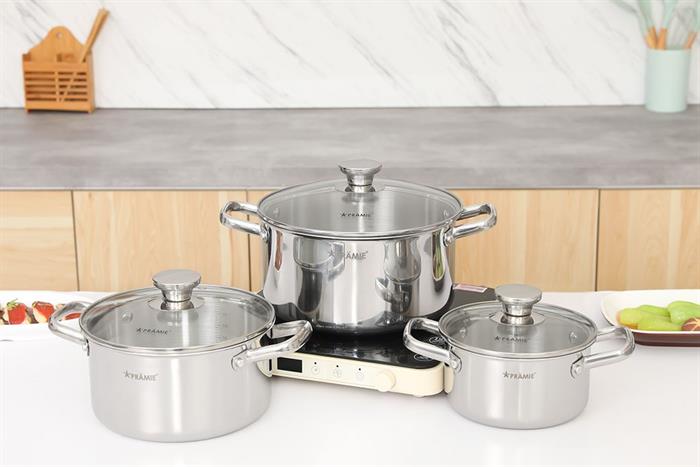 Bộ 3 nồi inox 3 lớp nguyên khối nắp kính Pramie PC36505 Màu Inox