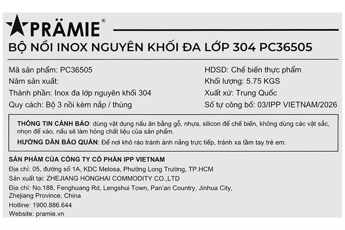 Bộ 3 nồi inox 3 lớp nguyên khối nắp kính Pramie PC36505 Màu Inox