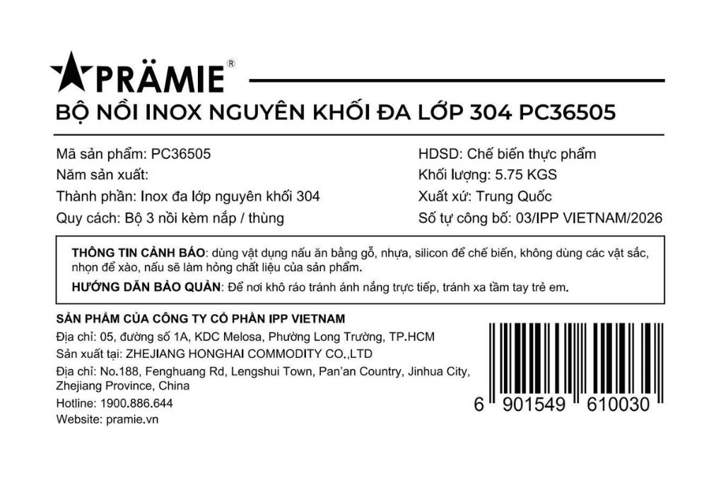 Bộ 3 nồi inox 3 lớp nguyên khối nắp kính Pramie PC36505 - 11