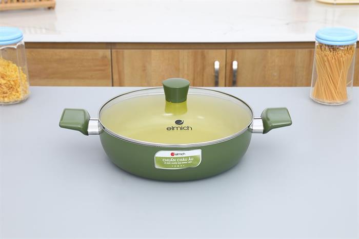 Nồi lẩu nhôm chống dính nắp kính 28 cm Elmich Daily Milan Màu Xanh