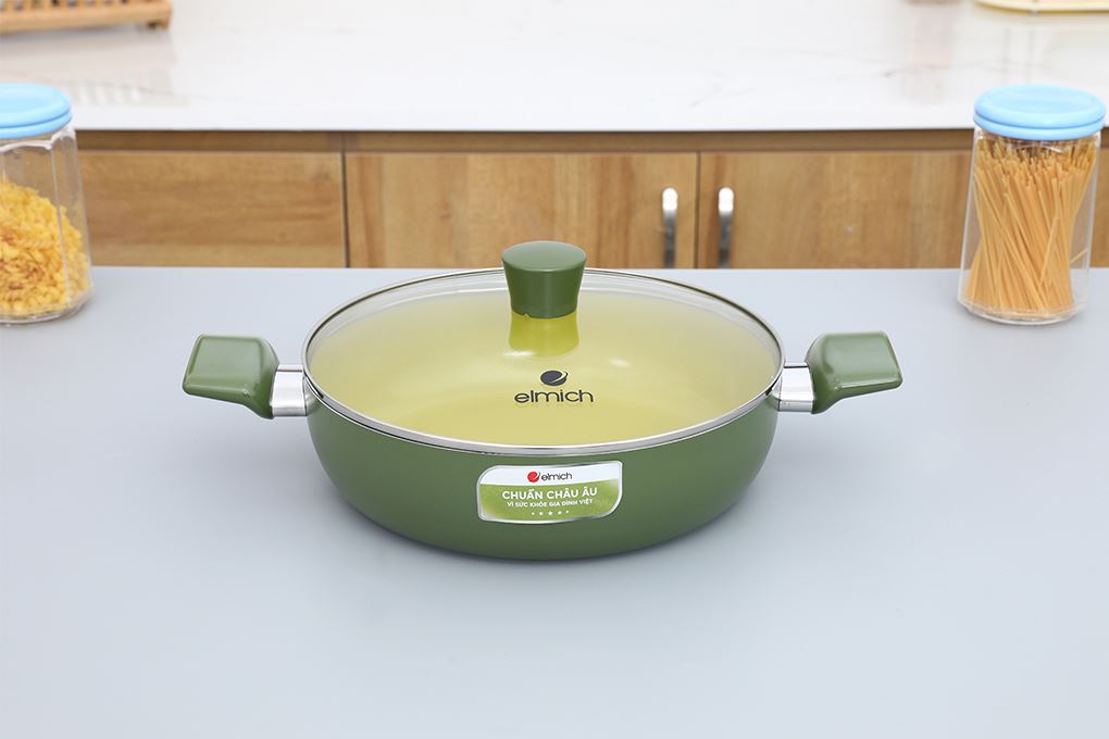 Nồi lẩu nhôm chống dính nắp kính 28 cm Elmich Daily Milan Màu Xanh