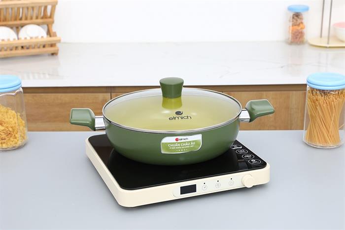 Nồi lẩu nhôm chống dính nắp kính 28 cm Elmich Daily Milan Màu Xanh
