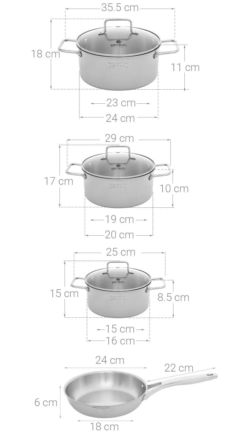 Bộ nồi chảo inox 3 lớp nguyên khối nắp kính Elmich Daily Plovdi