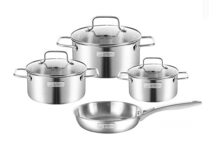 Bộ nồi chảo inox 3 lớp nguyên khối nắp kính Elmich Daily Plovdi Màu Inox