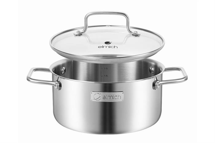 Bộ nồi chảo inox 3 lớp nguyên khối nắp kính Elmich Daily Plovdi Màu Inox