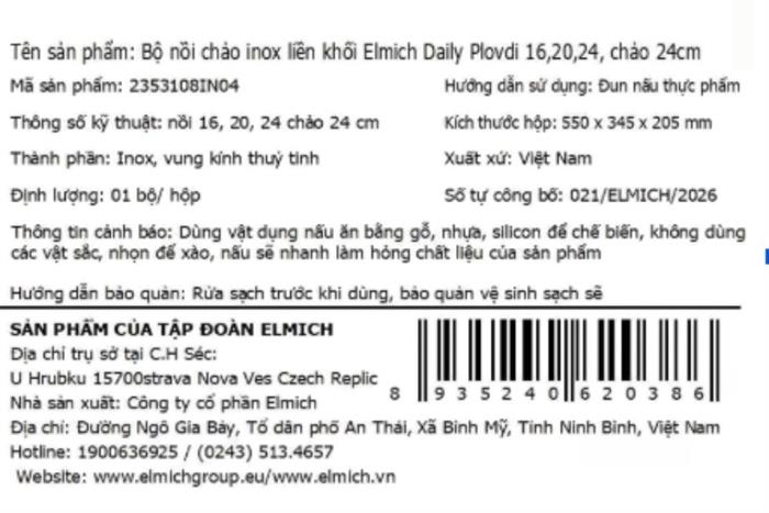 Bộ nồi chảo inox 3 lớp nguyên khối nắp kính Elmich Daily Plovdi Màu Inox
