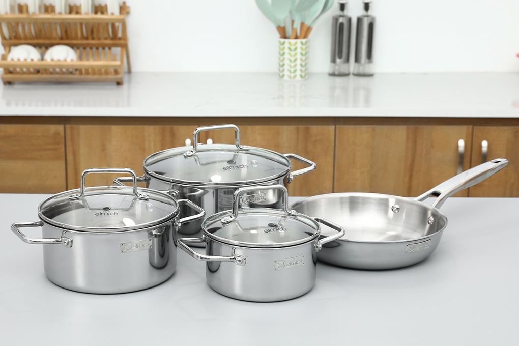 Bộ nồi chảo inox 3 lớp nguyên khối nắp kính Elmich Daily Plovdi Màu Inox