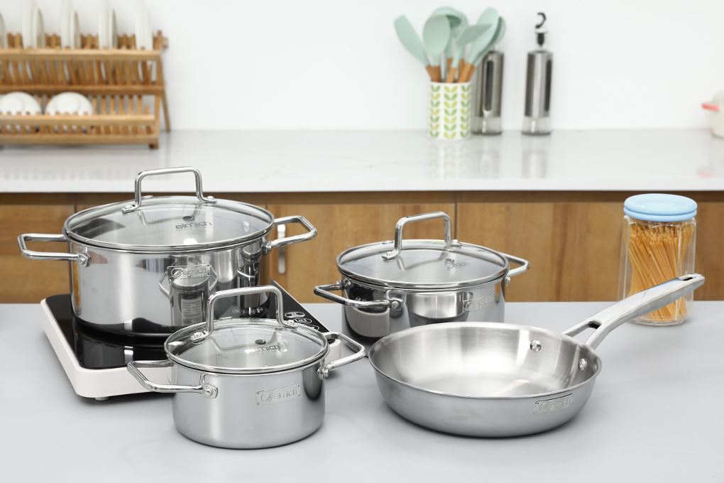 Bộ nồi chảo inox 3 lớp nguyên khối nắp kính Elmich Daily Plovdi Màu Inox