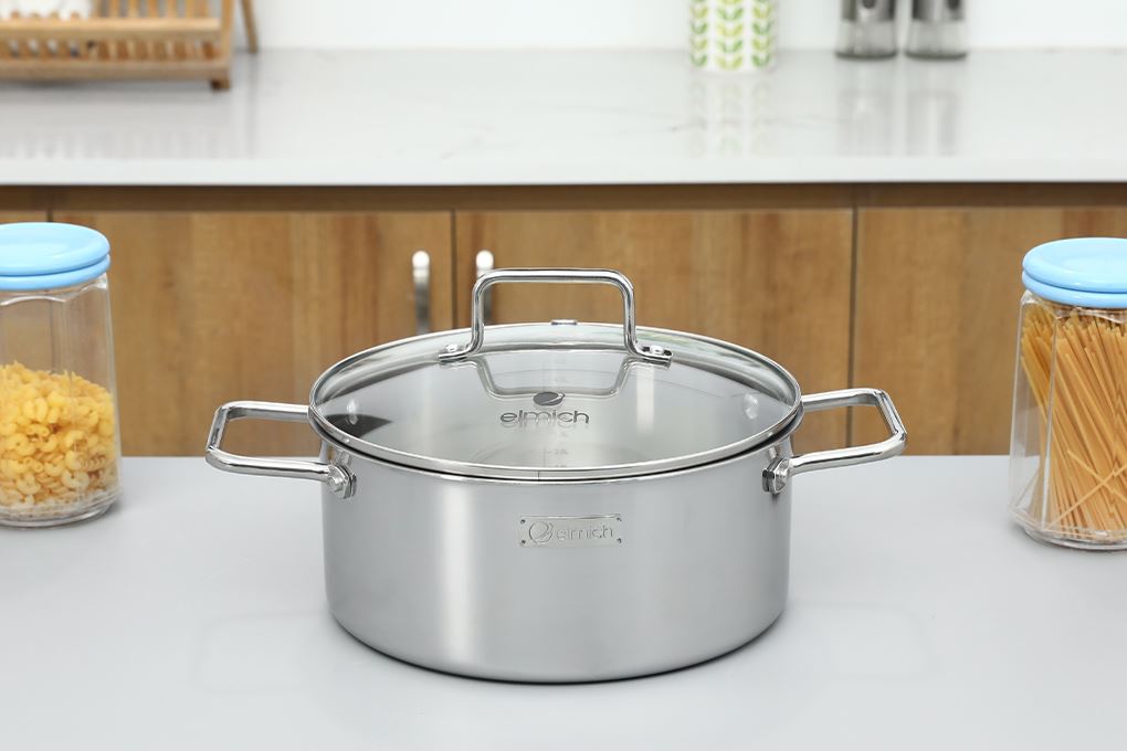 Bộ nồi chảo inox 3 lớp nguyên khối nắp kính Elmich Daily Plovdi Màu Inox