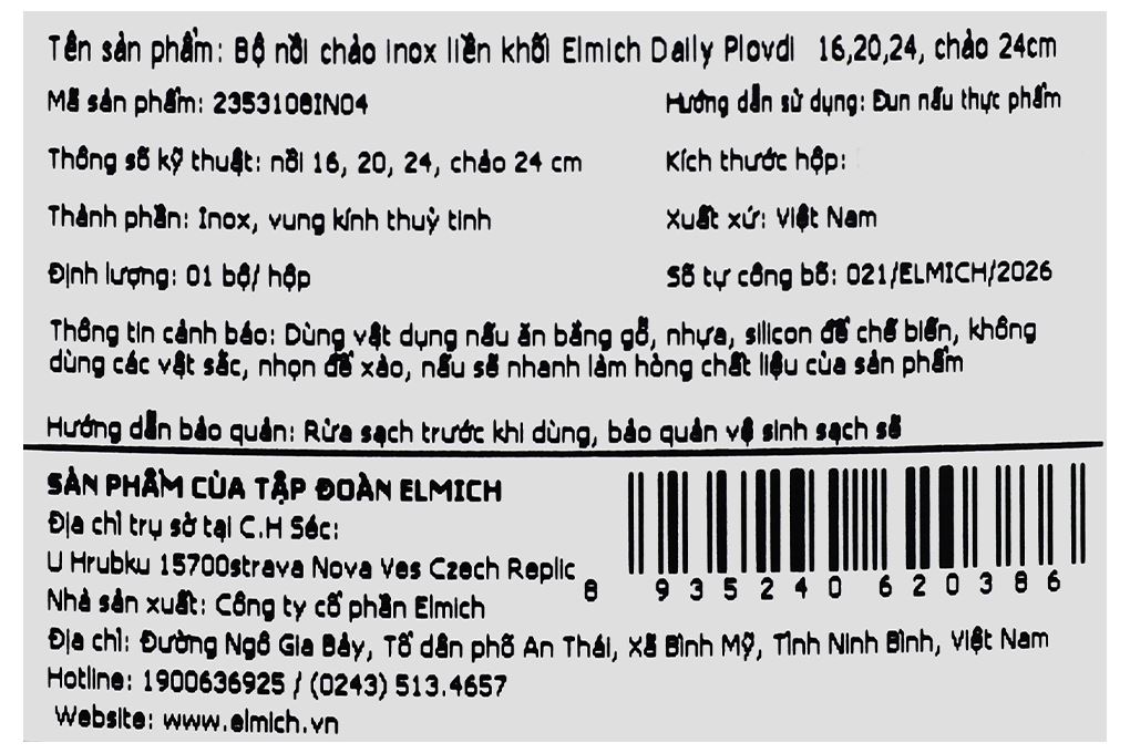 Bộ nồi chảo inox 3 lớp nguyên khối nắp kính Elmich Daily Plovdi Màu Inox