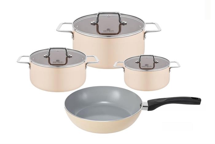 Bộ 4 nồi chảo nhôm chống dính nắp kính Elmich Core Lima Màu Màu be