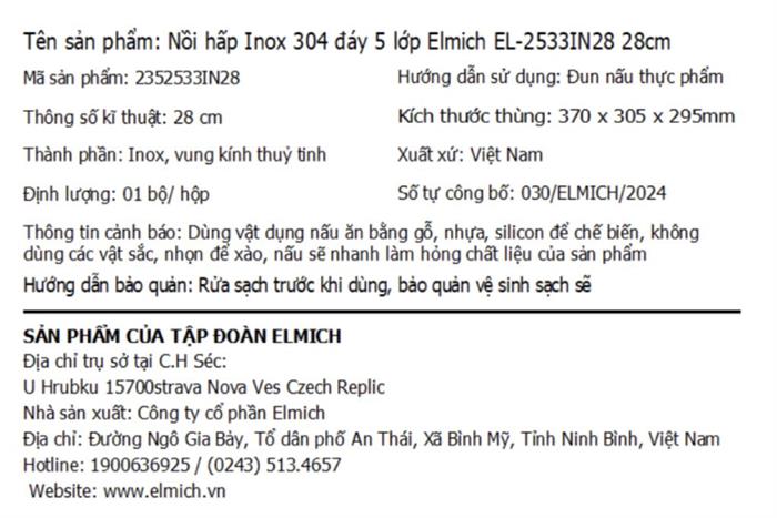 Nồi hấp Inox đáy 5 lớp 28 cm Elmich EL-2533IN28 Màu Inox