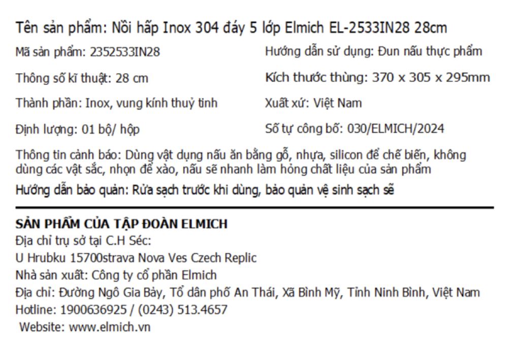 Nồi hấp Inox đáy 5 lớp 28 cm Elmich EL-2533IN28 Màu Inox