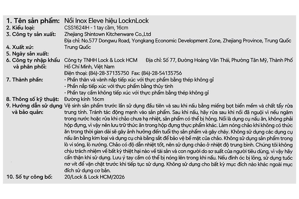 Quánh inox 3 lớp 16 cm Locknlock Eleve CSS1624IH Màu Inox