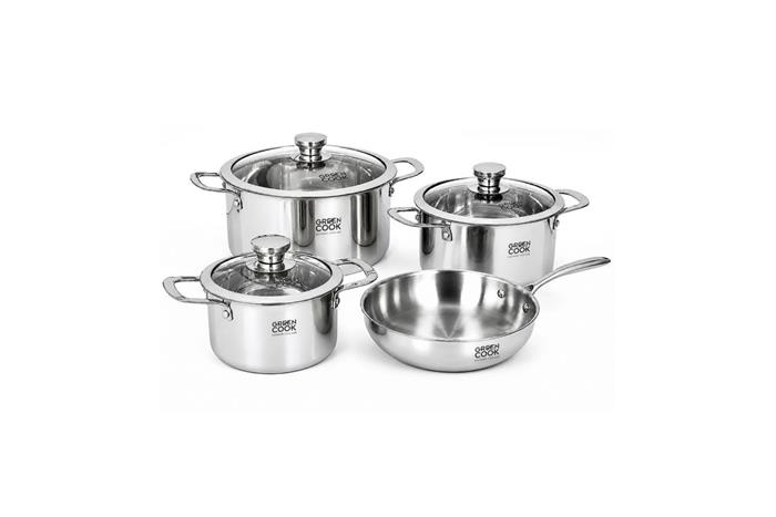 Bộ 4 nồi chảo inox 3 lớp nắp kính Greencook GCS2608-T1 Màu Inox