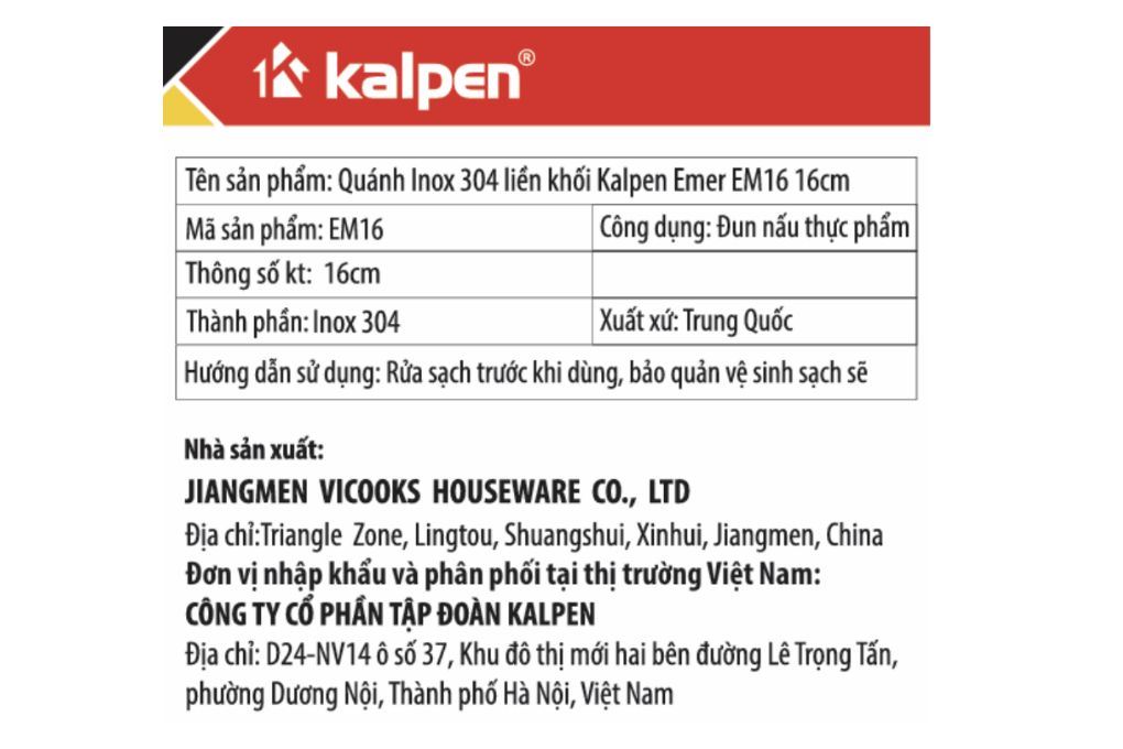 Quánh inox 3 lớp nguyên khối nắp kính 16 cm Kalpen Emer EM16 Màu Inox