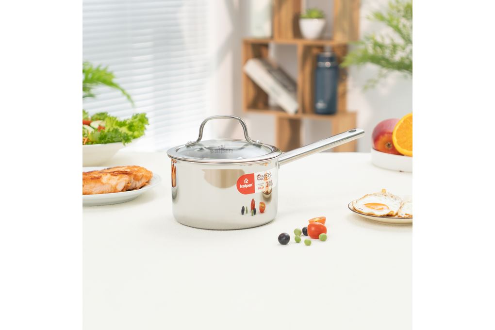 Quánh inox 3 lớp nguyên khối nắp kính 16 cm Kalpen Emer EM16 Màu Inox