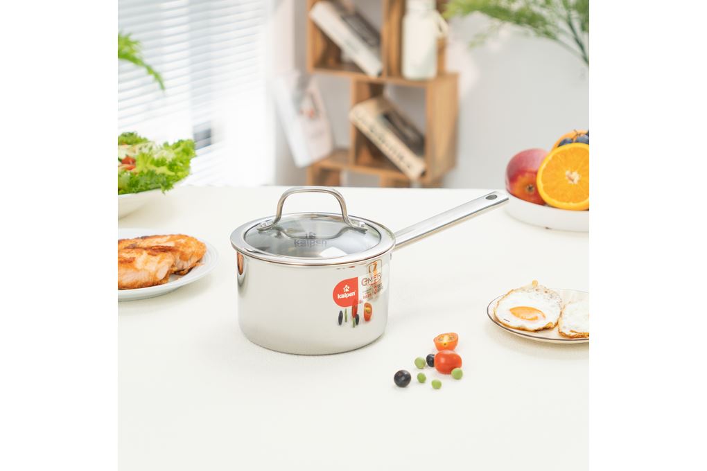 Quánh inox 3 lớp nguyên khối nắp kính 16 cm Kalpen Emer EM16 Màu Inox