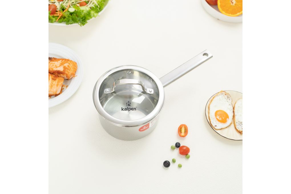 Quánh inox 3 lớp nguyên khối nắp kính 16 cm Kalpen Emer EM16 Màu Inox