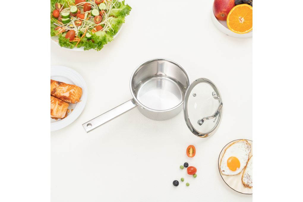 Quánh inox 3 lớp nguyên khối nắp kính 16 cm Kalpen Emer EM16 Màu Inox