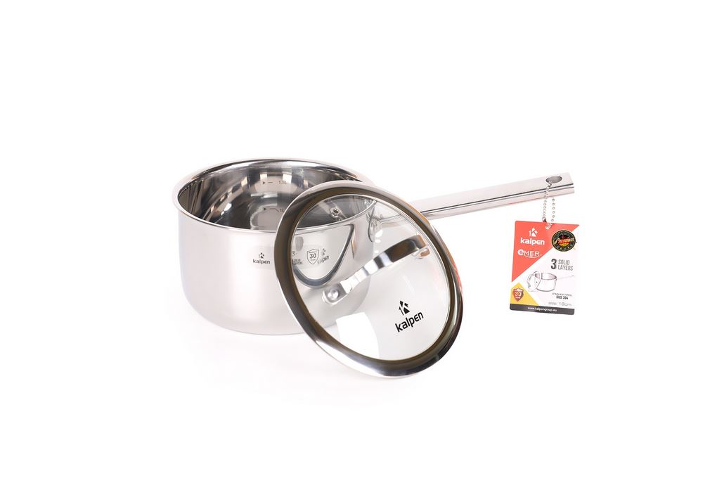 Quánh inox 3 lớp nguyên khối nắp kính 16 cm Kalpen Emer EM16 Màu Inox