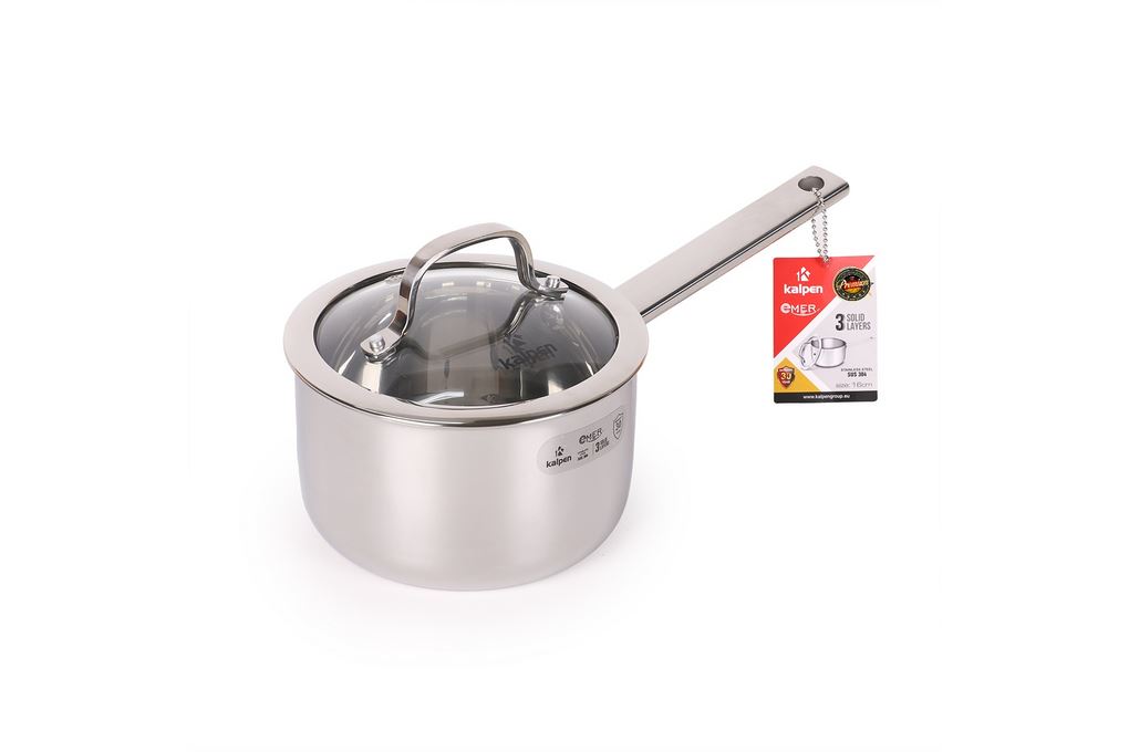 Quánh inox 3 lớp nguyên khối nắp kính 16 cm Kalpen Emer EM16 Màu Inox