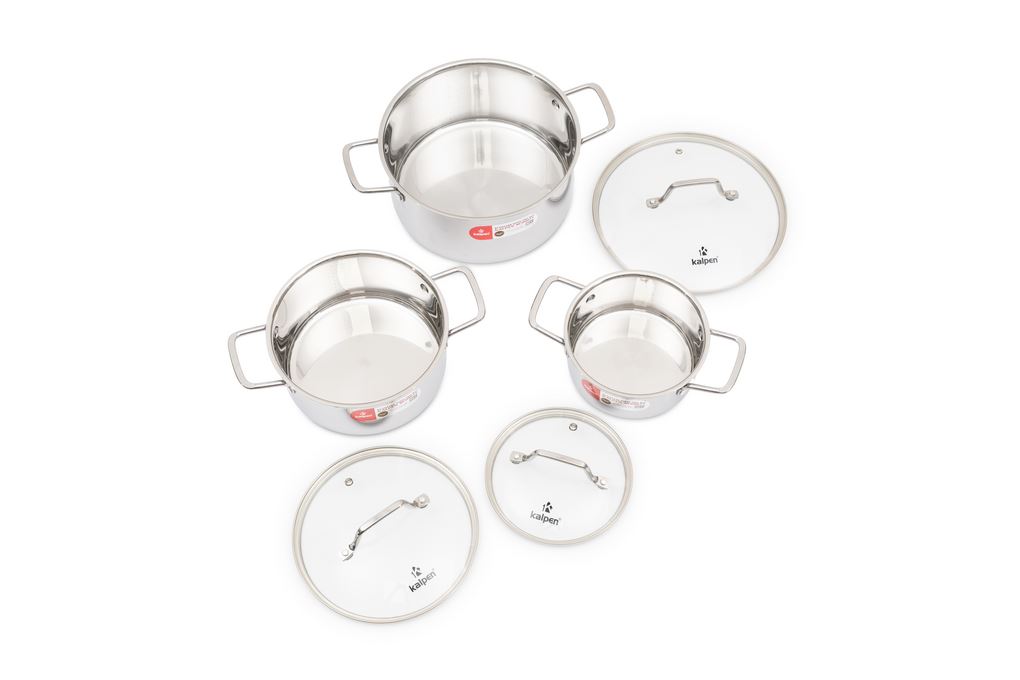 Bộ 3 nồi inox 3 đáy nắp kính Kalpen Schritt SC1 Màu Inox