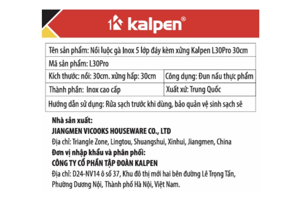 Nồi luộc gà inox 3 đáy nắp kính 30 cm Kalpen L30Pro Màu Inox